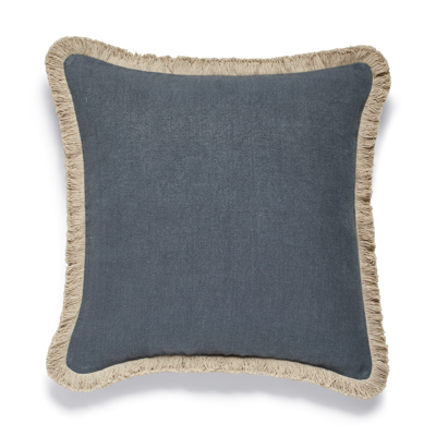 Oka Stonewashed Linen Pillow Cover With Fringing - Petrol