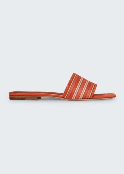 Loro Piana The Suitcase Striped Canvas And Leather Slides In Buganvillea Bay