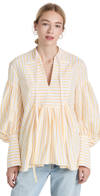 Rosie Assoulin Swashbuckler Puff-sleeve Bib-front Seersucker Top In White/ Yellow Stripe