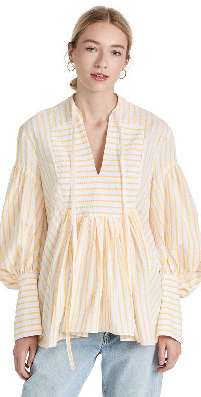 Rosie Assoulin Swashbuckler Puff-sleeve Bib-front Seersucker Top In White/ Yellow Stripe
