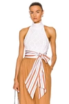 Rosie Assoulin Cropped Striped Cotton Poplin-trimmed Cable-knit Cotton Halterneck Top In Natural