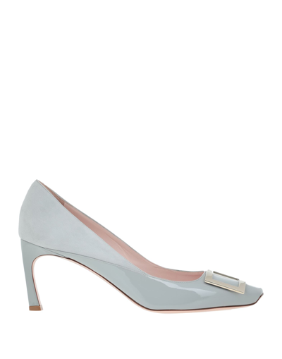 Roger Vivier Gray Calfskin Pumps With Golden Buckle And 7cm Stiletto Heel In Shadow