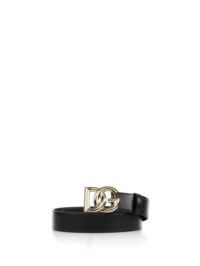Dolce & Gabbana Leather Belt With Dg Buckle In Nero
