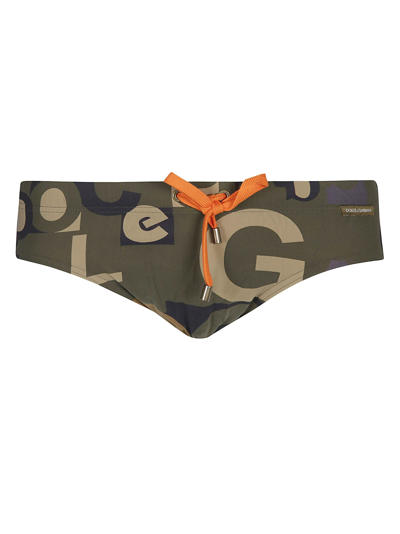 Dolce & Gabbana Printed Drawstring Briefs In Logo F Verde Militare