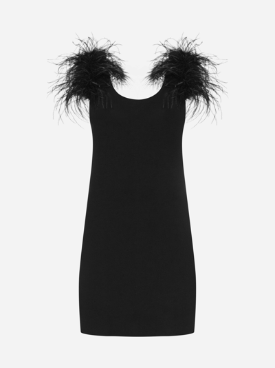 Saint Laurent Feather-embellished Wool Mini Dress In Schwarz