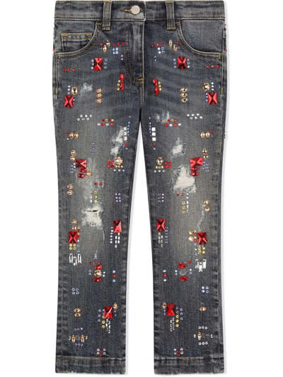 Dolce & Gabbana Kids' Crystal-embellished Straight Leg Jeans In Blue