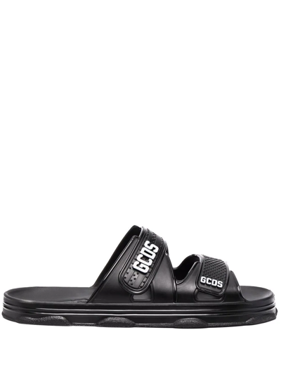 Gcds Embossed-logo Flat Pool Slides In Black