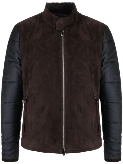Corneliani Leather-panelled Zip-up Jacket In Brown