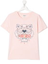 Kenzo Kids' Tiger-embroidered Cotton T-shirt In 粉色