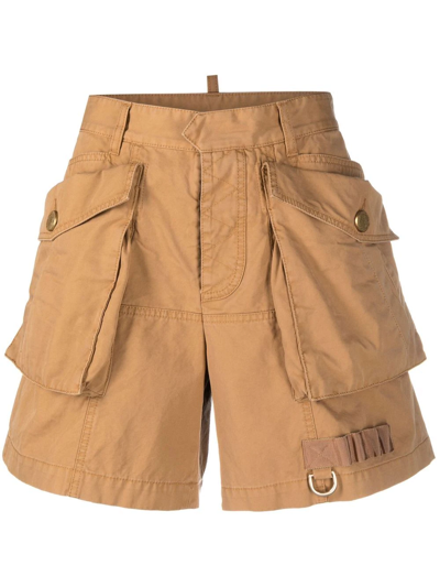 Dsquared2 Cargo Cotton Mini Shorts In Beige,brown