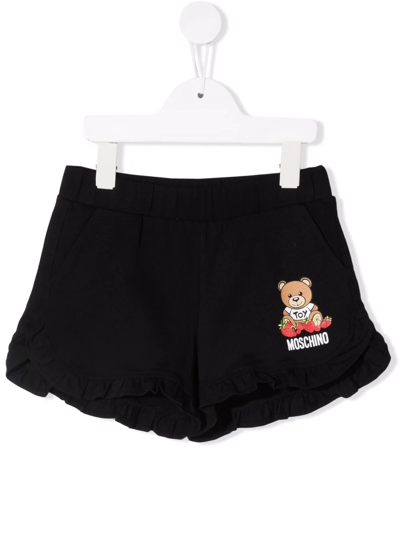 Moschino Kids Black Shorts With Ruffles On The Bottom And Teddy Bear With Strawberries In Nero