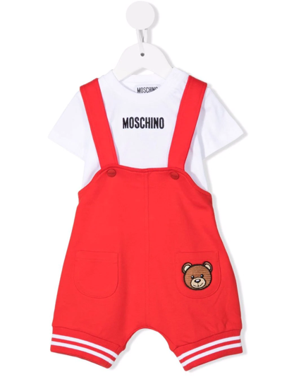 Moschino Babies' Teddy-patch Dungaree Set In Red