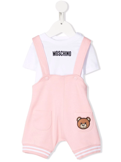 Moschino Babies' Teddy 贴花背带裤运动套装 In Pink
