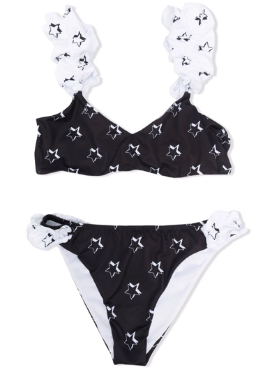 Monnalisa Kids' Star-print Ruffle-trim Bikini In White + Black