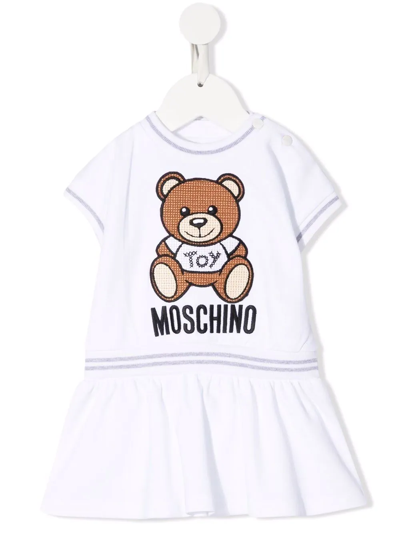 Moschino White Dress For Baby Girl With Teddy Bear In Bianco