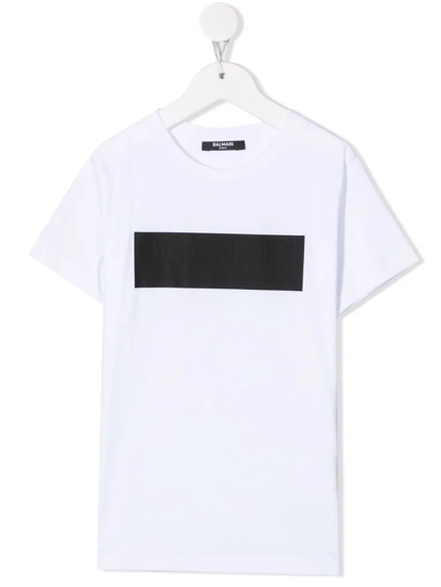 Balmain Kids' Contrasting Box-print Short-sleeve T-shirt In Nero-bianco