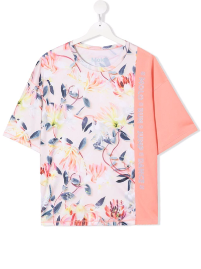 Molo Kids' Motion Flower-print Short-sleeve T-shirt In Pink
