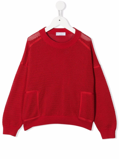 Brunello Cucinelli Kids' 网纱圆领卫衣 In Red