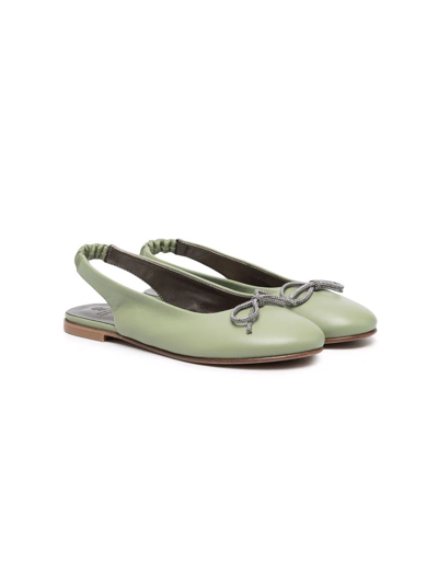 Brunello Cucinelli Kids' Bow-detail Leather Ballerina Shoes In Green