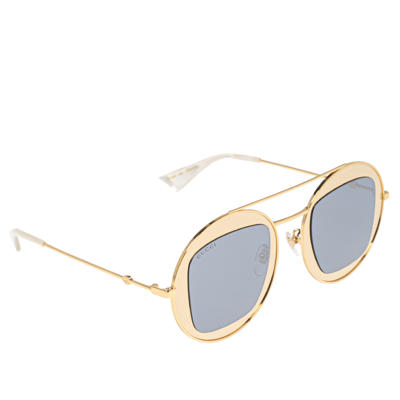 Pre-owned Gucci Gold Tone/ White Gg0105s Round Sunglasses