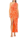 Alexia Admor Women's Alessi Leaf-print Draped One-shoulder Slit Maxi Dress In Orange