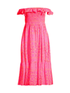 Vineyard Vines Mix Print Smocked Ruffle Cotton Midi Dress In Knockout Pink