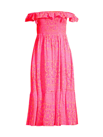 Vineyard Vines Mix Print Smocked Ruffle Cotton Midi Dress In Knockout Pink