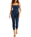 Tinseltown Juniors' Belted Denim Jumpsuit With Ruffle In Dark Wash