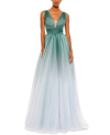 Mac Duggal Glitter Ombre V Neck Sleeveless Gown In Jade Ombre