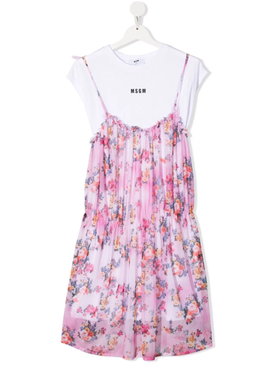 Msgm Kids Pink Floral Dress With White T-shirt In Rosa