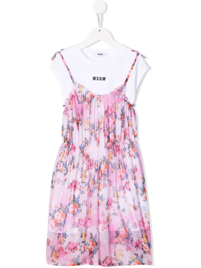 Msgm Kids Pink Floral Dress With White T-shirt In Rosa