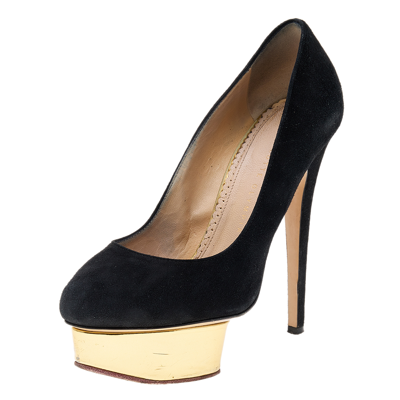 Pre-owned Charlotte Olympia Black Suede Dolly Platform Pumps Size 37.5