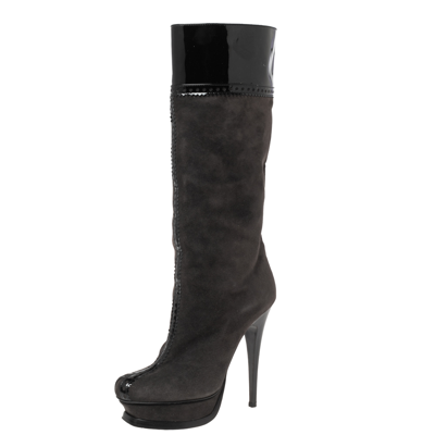 Pre-owned Saint Laurent Black/grey Suede And Patent Leather Platform Knee Boots Size 37.5