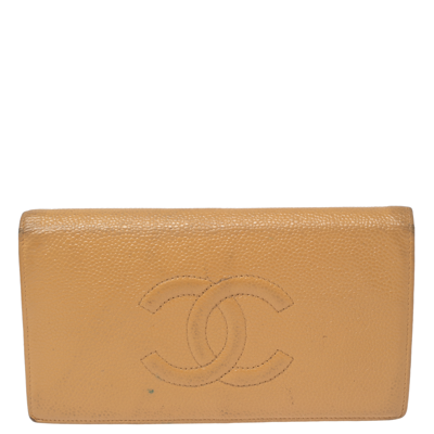 Pre-owned Chanel Beige Caviar Leather Cc Cambon Wallet