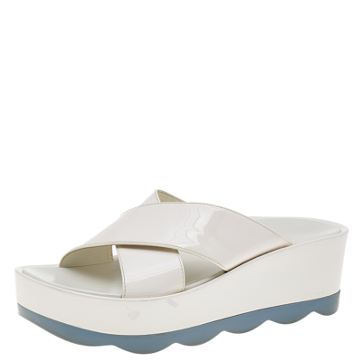 Pre-owned Prada White Patent Leather Crisscross Platform Slide Sandals Size 38