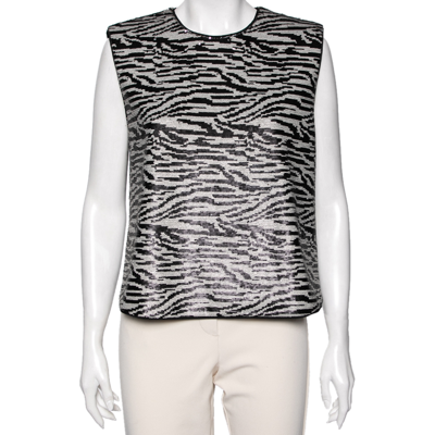 Pre-owned Self-portrait Self Portrait Monochrome Zebra Pattern Sequin Embellished Sleeveless Top M In Black