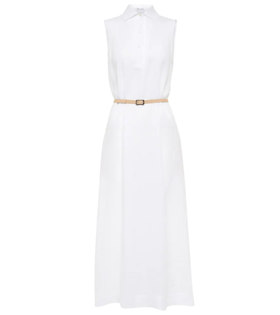 Loro Piana Leyla Collared Linen Belted Midi Dress In Optical White