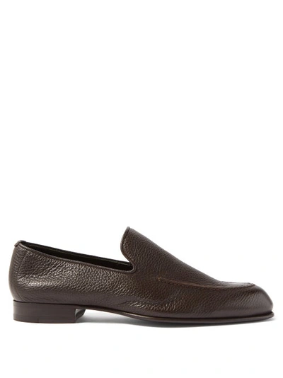 Brioni Almond-toe Grained-leather Loafers In Brown