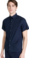 Onia Stretch Linen Short Sleeve Button Front Shirt In Deep Navy