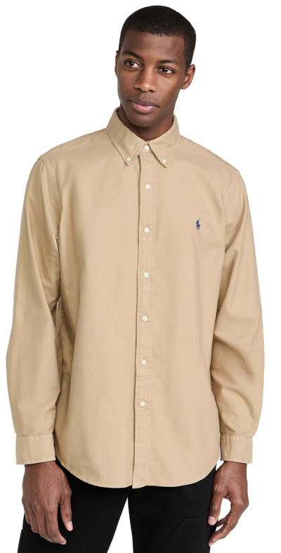 Polo Ralph Lauren Player Logo Slim Fit Garment Dyed Oxford Shirt In Tan-brown In Surrey Tan