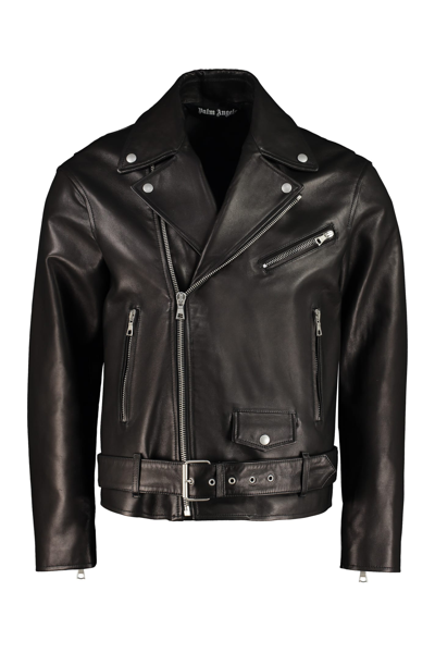 Palm Angels Printed Logo Sleek Leather Biker Jacket In Black