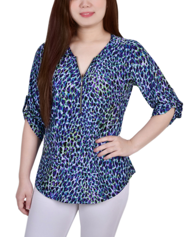 Ny Collection Women's 3/4 Roll Tab Zip Front Jacquard Knit Top In Royal Leopard