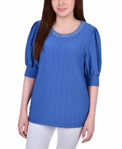 Ny Collection Women's Short Puff Sleeve Honeycomb Top In Blue
