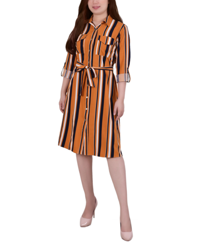 Ny Collection Women's 3/4 Sleeve Roll Tab Shirtdress With Belt In Mustard Stripe
