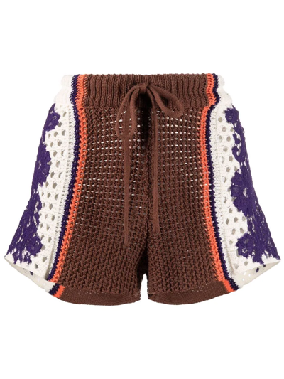 Valentino Lace-paneled Striped Crocheted Cotton Shorts In Brown/multicolor