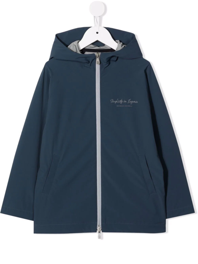 Brunello Cucinelli Kids' Logo-print Zip-up Rain Coat In Blue