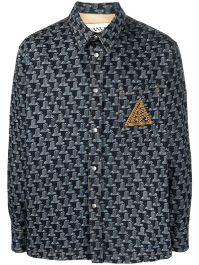 Lanvin Logo-embroidered Monogram-print Shirt Jacket In Blue