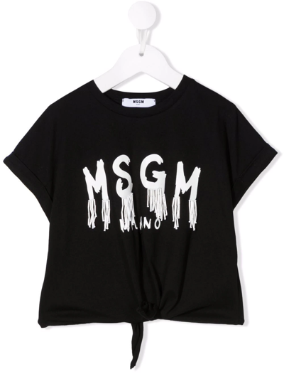 Msgm Kids' Logo-print Knot-detail T-shirt In Black