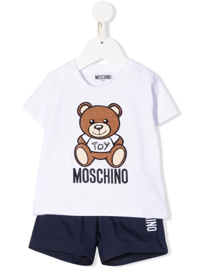 Moschino Babies' Embroidered-logo Turn-up Hem Shorts In White