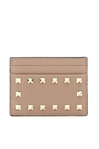 Valentino Garavani Rockstud Logo Printed Cardholder In Beige